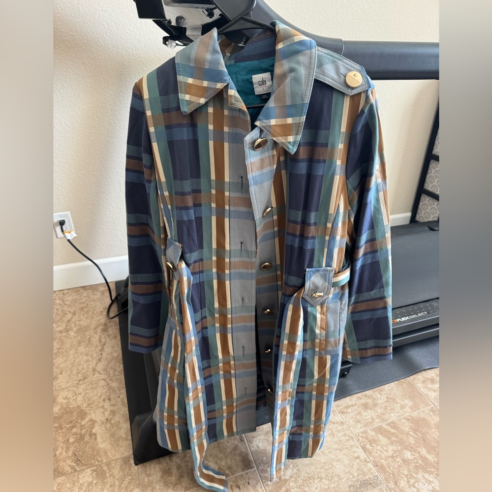 CAbi Plaid Trench Coat in Navy, Teal & Camel